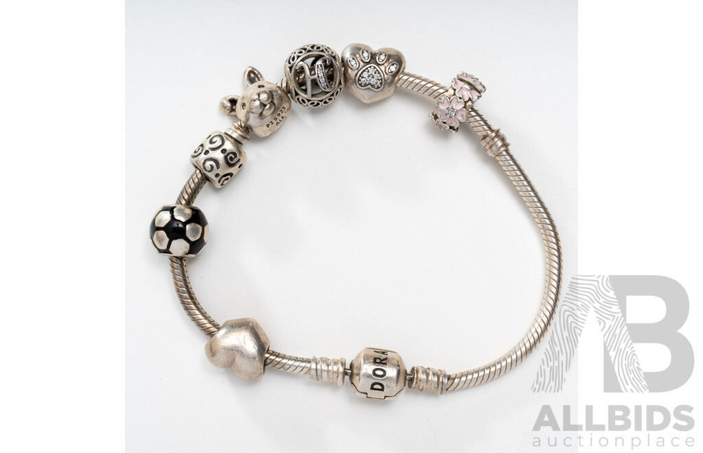 Pandora Moments Sterling Silver Snake Chain Bracelet with (7) Pandora Moments Charms, 33.55 Grams