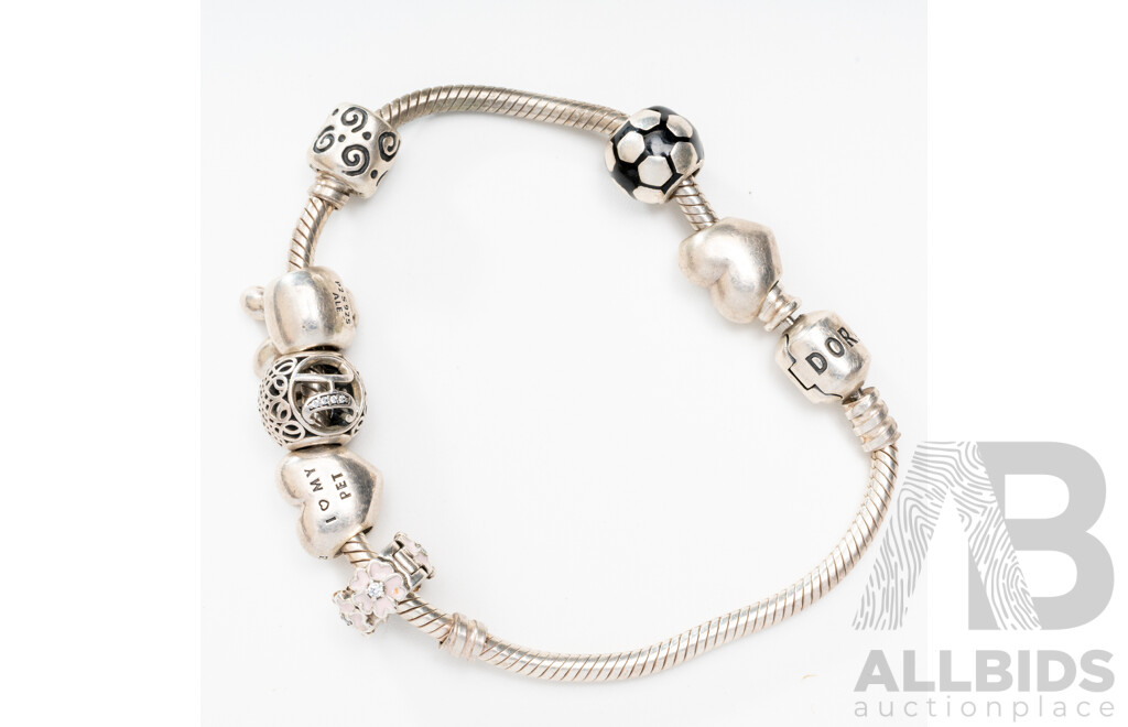 Pandora Moments Sterling Silver Snake Chain Bracelet with (7) Pandora Moments Charms, 33.55 Grams