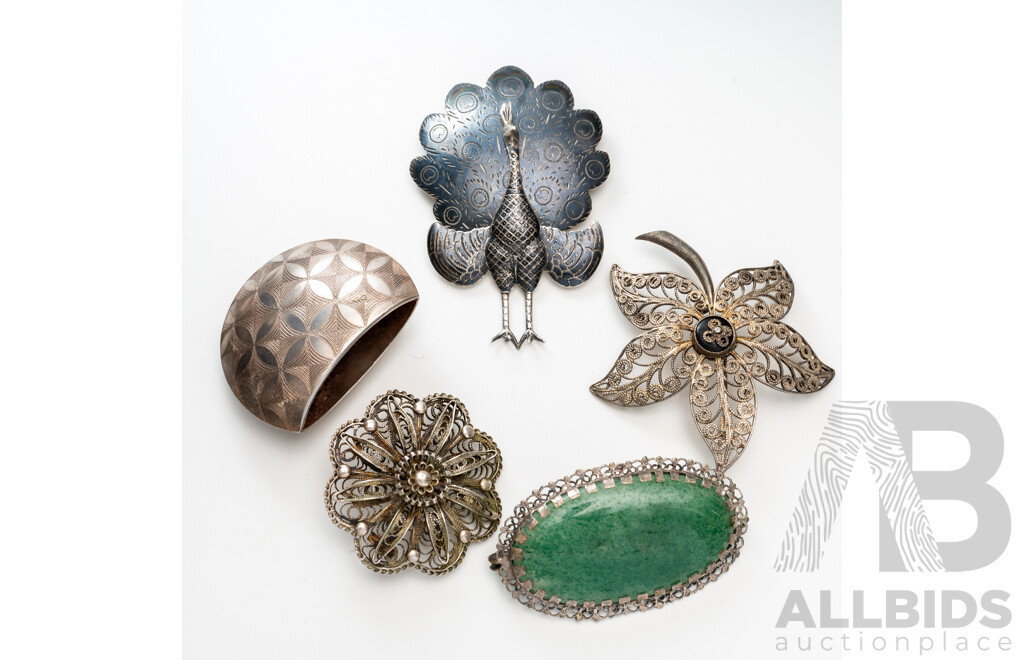 Vintage Sterling Silver (5) Brooch Collection, 59.0 Grams