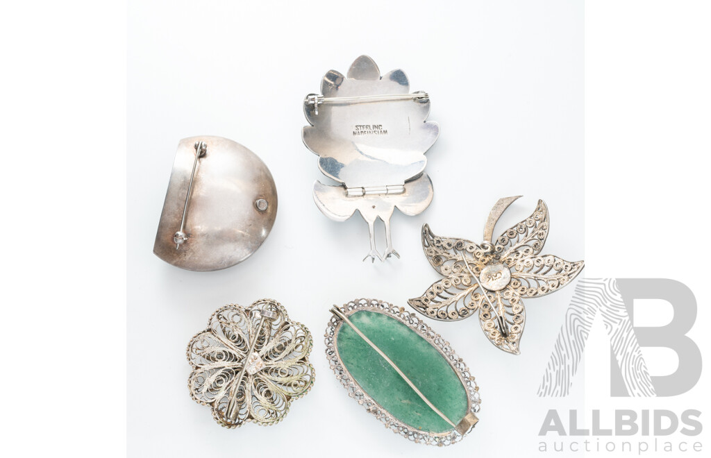 Vintage Sterling Silver (5) Brooch Collection, 59.0 Grams
