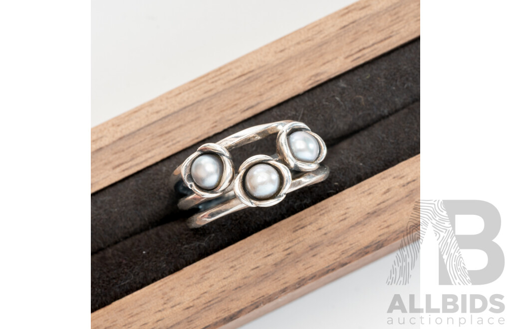 Pandora Moments Shooting Star Open Cuff Bangle & Pandora Three Wishes Pearl Ring, Both Retired, 16.47 Grams