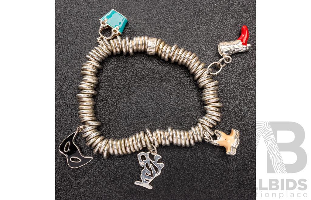 'Links of London' Sterling Silver Stretch Bracelet with (5) Links of London 925 Enamel Charms, 90.58 Grams