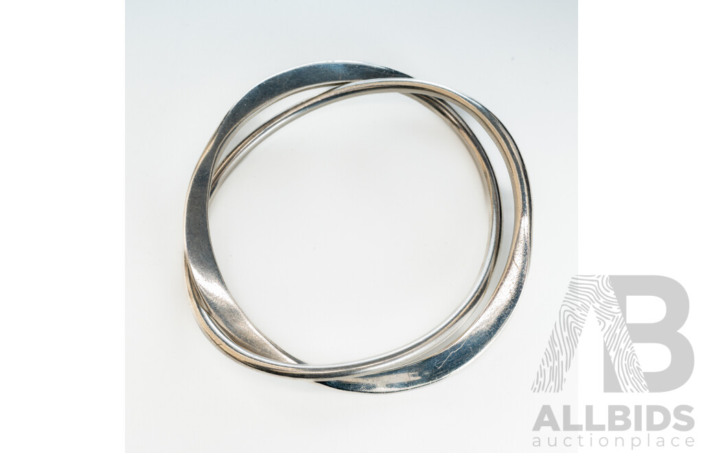 Sterling Silver Solid Handmade Double Interlocking Bangle, 65mm, 52.0 Grams