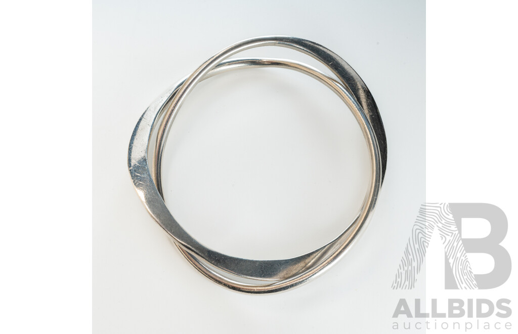 Sterling Silver Solid Handmade Double Interlocking Bangle, 65mm, 52.0 Grams