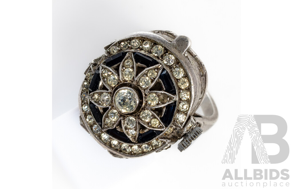 Relide Sterling Silver Art Deco Watch Ring with Sapphires, 33342, Size J, 10.39 Grams