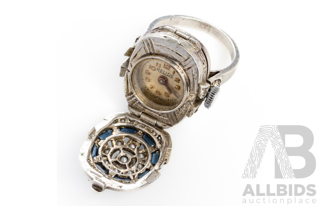 Relide Sterling Silver Art Deco Watch Ring with Sapphires, 33342, Size J, 10.39 Grams