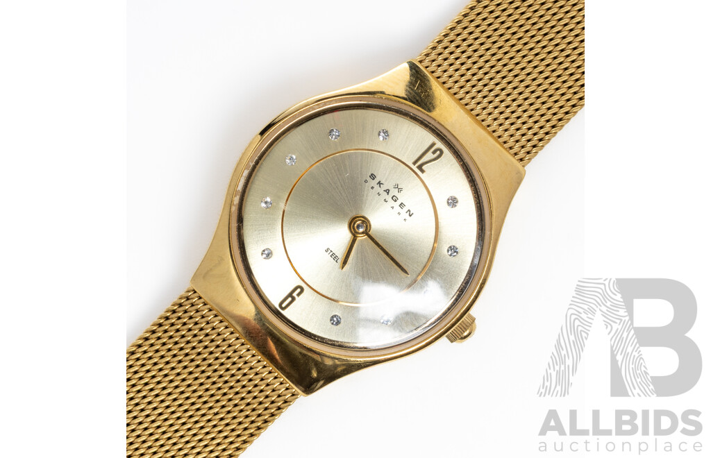 Skagen Denmark Gold Tone Ladies Watch with Swarovski Accents & Mesh Band, 233XSGGG2