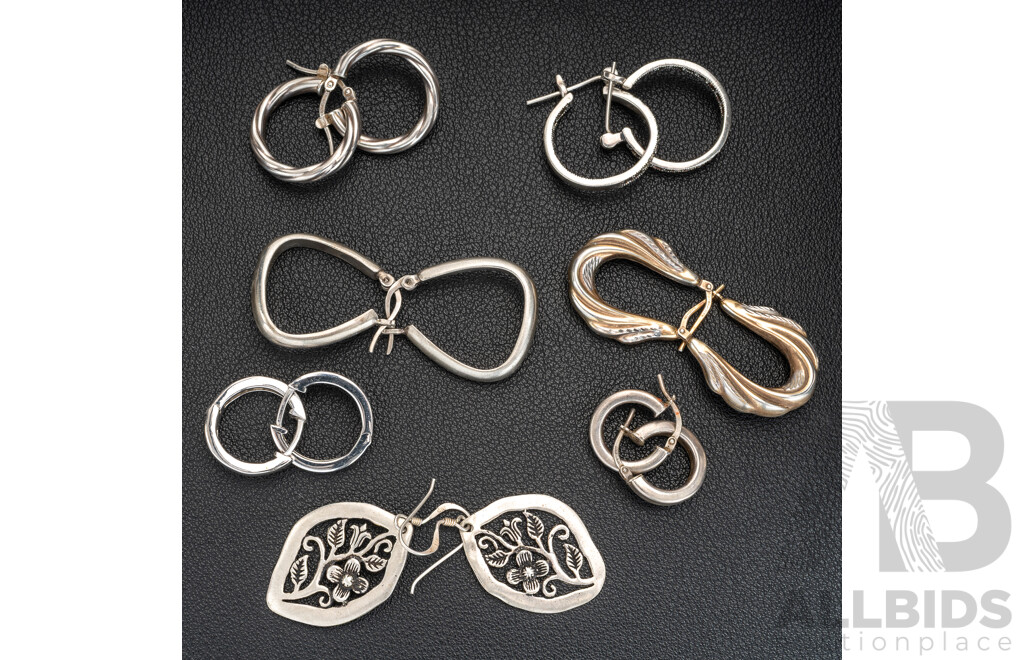 Collection of (7) Pairs of Sterling Silver Hoop & Drop Earrings, 24.48 Grams