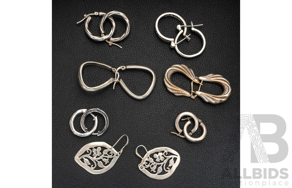 Collection of (7) Pairs of Sterling Silver Hoop & Drop Earrings, 24.48 Grams