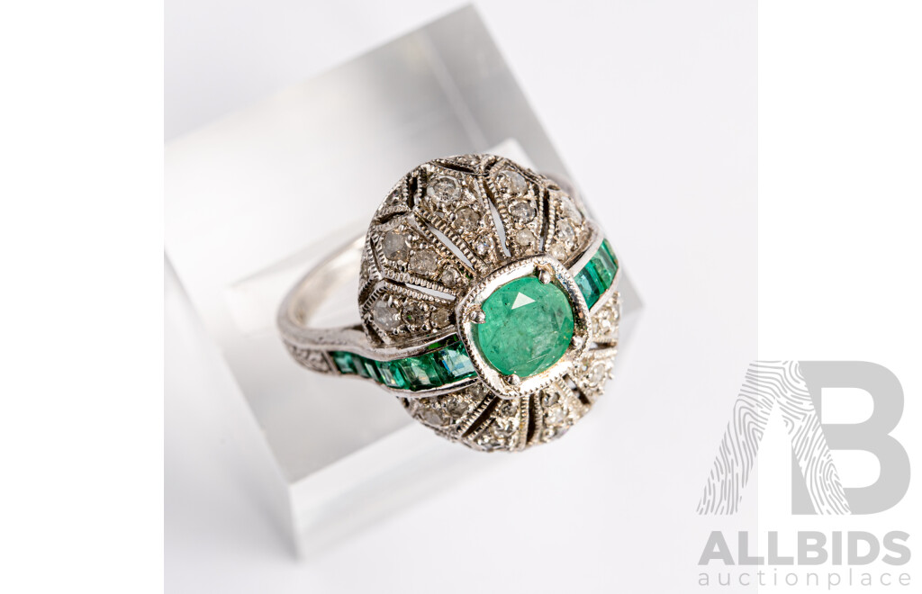 Vintage Sterling Silver Emerald & Diamond Ring, Est E1.90ct/TDW0.39ct, Size M1/2, 4.07 Grams