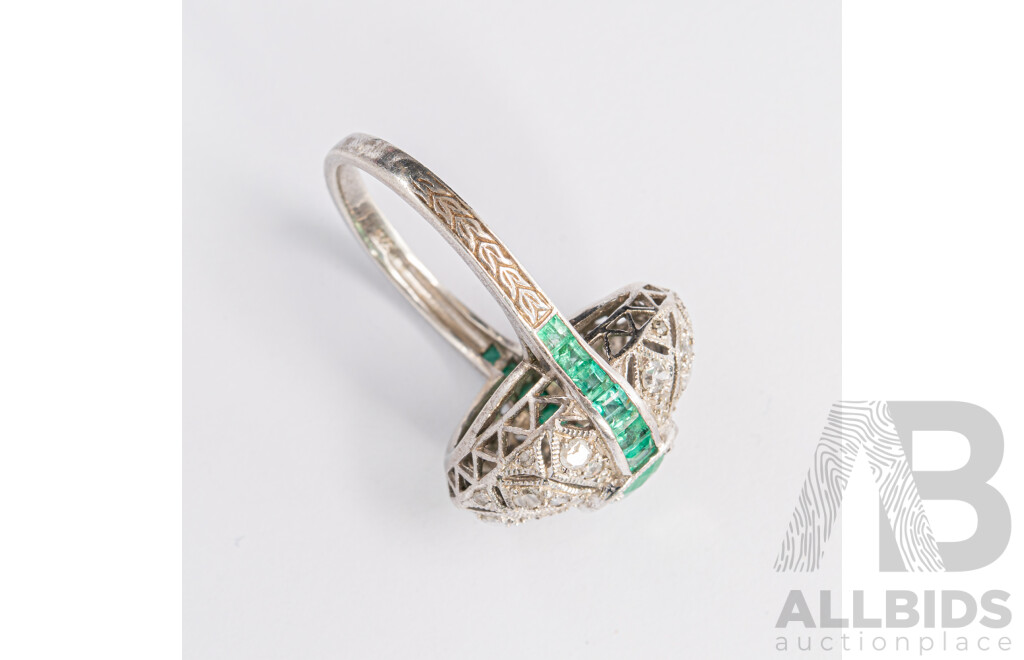Vintage Sterling Silver Emerald & Diamond Ring, Est E1.90ct/TDW0.39ct, Size M1/2, 4.07 Grams