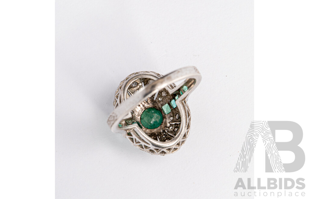 Vintage Sterling Silver Emerald & Diamond Ring, Est E1.90ct/TDW0.39ct, Size M1/2, 4.07 Grams