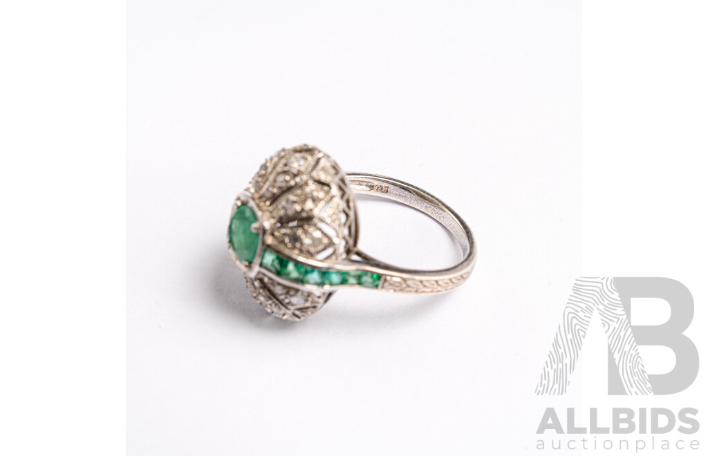 Vintage Sterling Silver Emerald & Diamond Ring, Est E1.90ct/TDW0.39ct, Size M1/2, 4.07 Grams