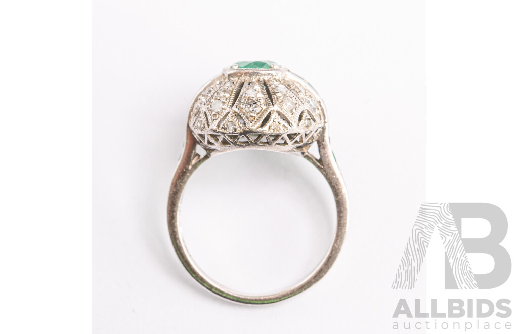 Vintage Sterling Silver Emerald & Diamond Ring, Est E1.90ct/TDW0.39ct, Size M1/2, 4.07 Grams