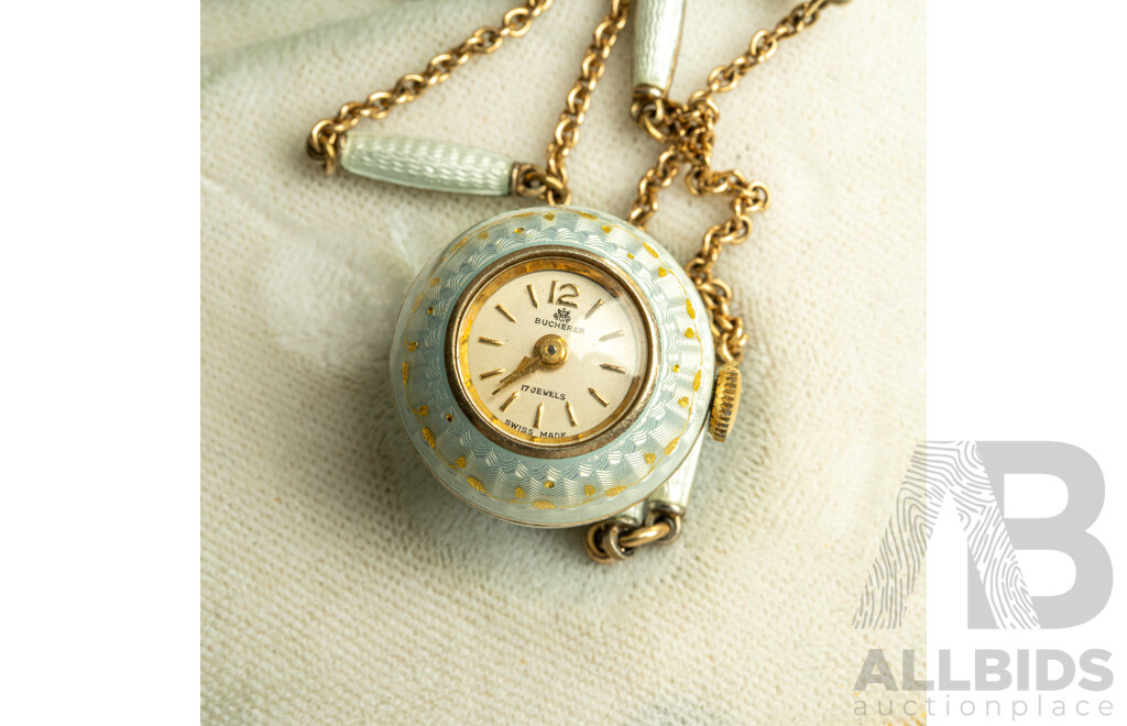 Bucherer 17 Jewels Vintage Gold Tone Watch Pendant with Enamel Finish, 19mm Diameter and 80cm Long, Working