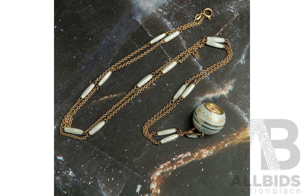 Bucherer 17 Jewels Vintage Gold Tone Watch Pendant with Enamel Finish, 19mm Diameter and 80cm Long, Working