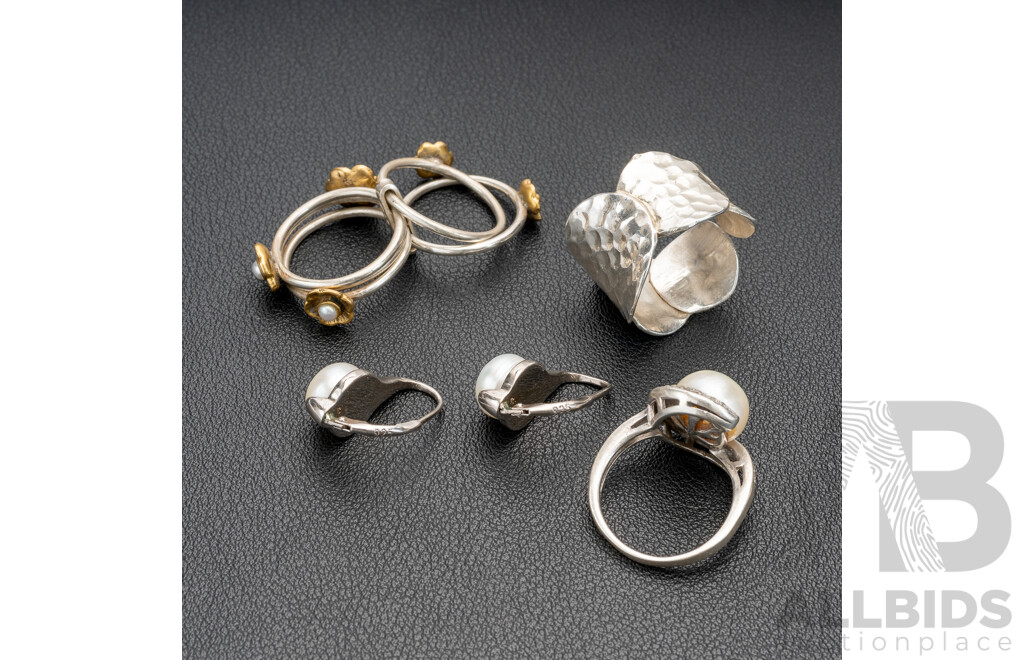 Collection of (3) Sterling Silver Rings & Sterling Silver Drop Cultured Pearl Earrings, 27.65 Grams