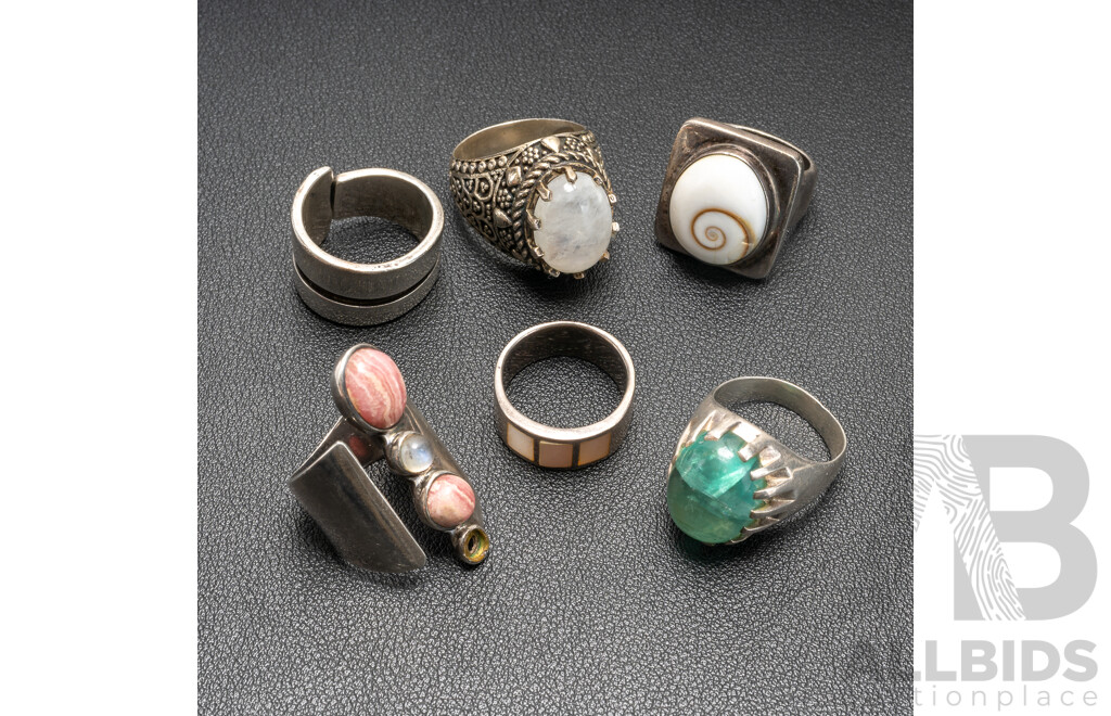 Collection of (6) Gem Set Sterling Silver Rings, Size N1/2-S, 78.29 Grams