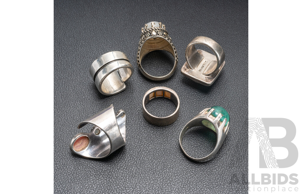 Collection of (6) Gem Set Sterling Silver Rings, Size N1/2-S, 78.29 Grams