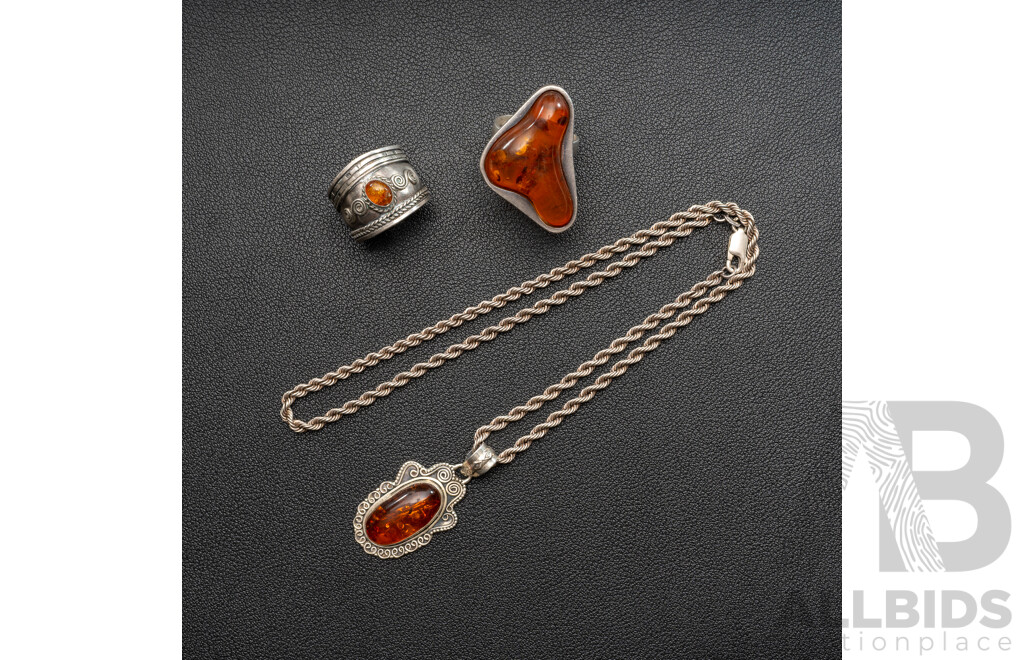 Sterling Silver Ornate Baltic Amber Pendant on SS Rope Chain & (2) Sterling Silver Amber Rings, 34.70 Grams