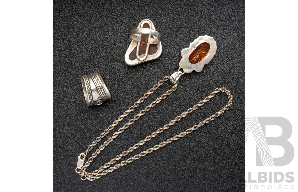 Sterling Silver Ornate Baltic Amber Pendant on SS Rope Chain & (2) Sterling Silver Amber Rings, 34.70 Grams