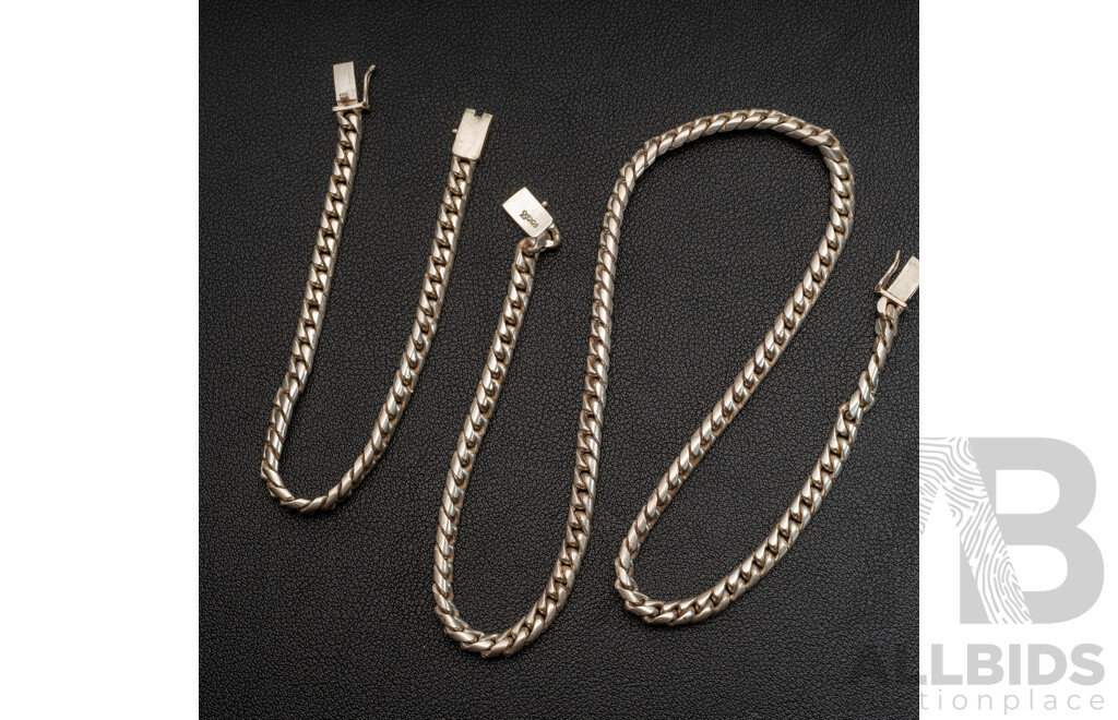 Sterling Silver Flat Curb Link 46cm Necklace & Matching 19cm Bracelet, Solid, 66.76 Grams