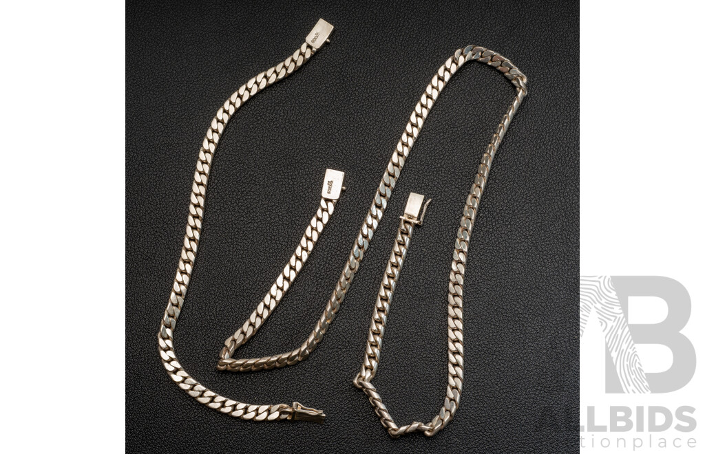 Sterling Silver Flat Curb Link 46cm Necklace & Matching 19cm Bracelet, Solid, 66.76 Grams