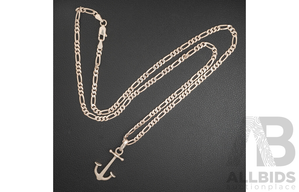 Vintage Sterling Silver Anchor Pendant, 38mm Long, on SS Figaro Necklace, 60cm, 16.31 Grams