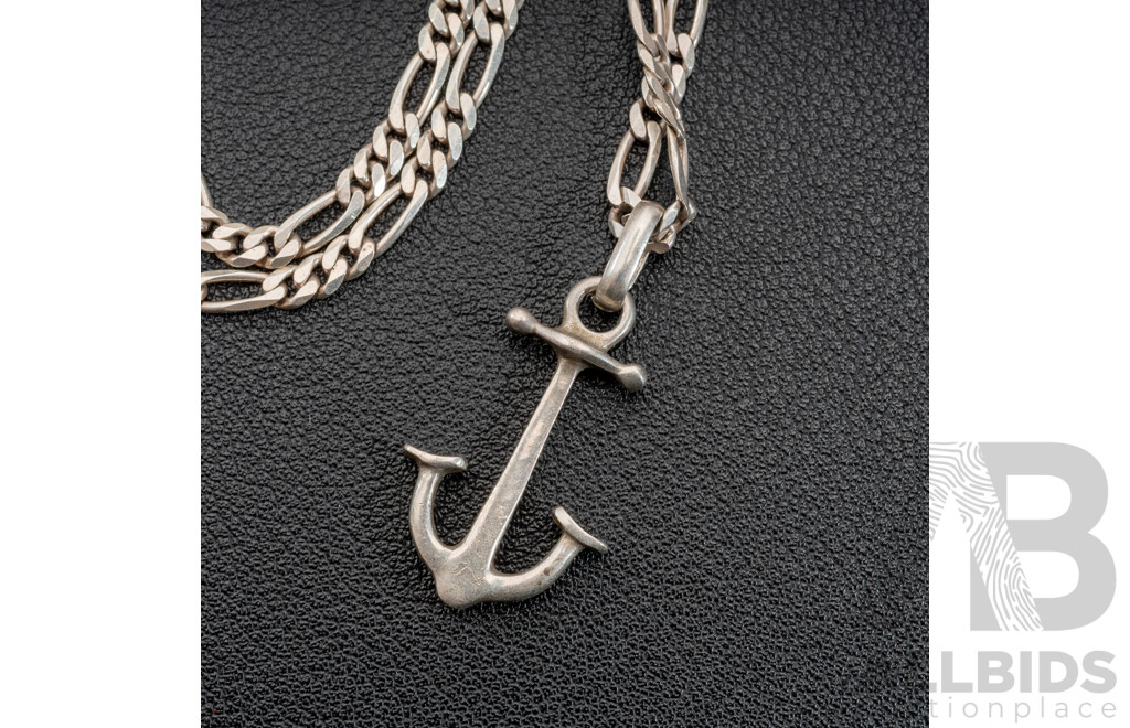 Vintage Sterling Silver Anchor Pendant, 38mm Long, on SS Figaro Necklace, 60cm, 16.31 Grams