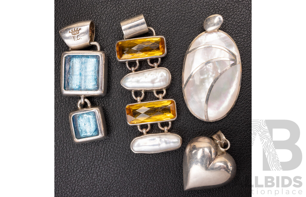 Collection of (4) Sterling Silver Statement Pendant with Gemstones, 49.41 Grams