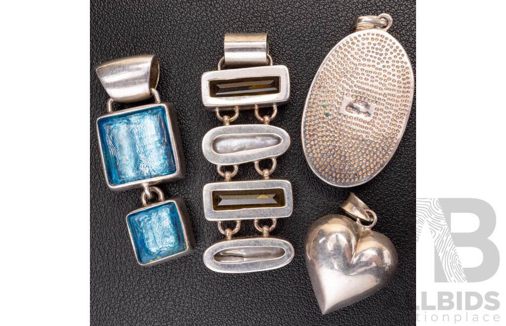 Collection of (4) Sterling Silver Statement Pendant with Gemstones, 49.41 Grams