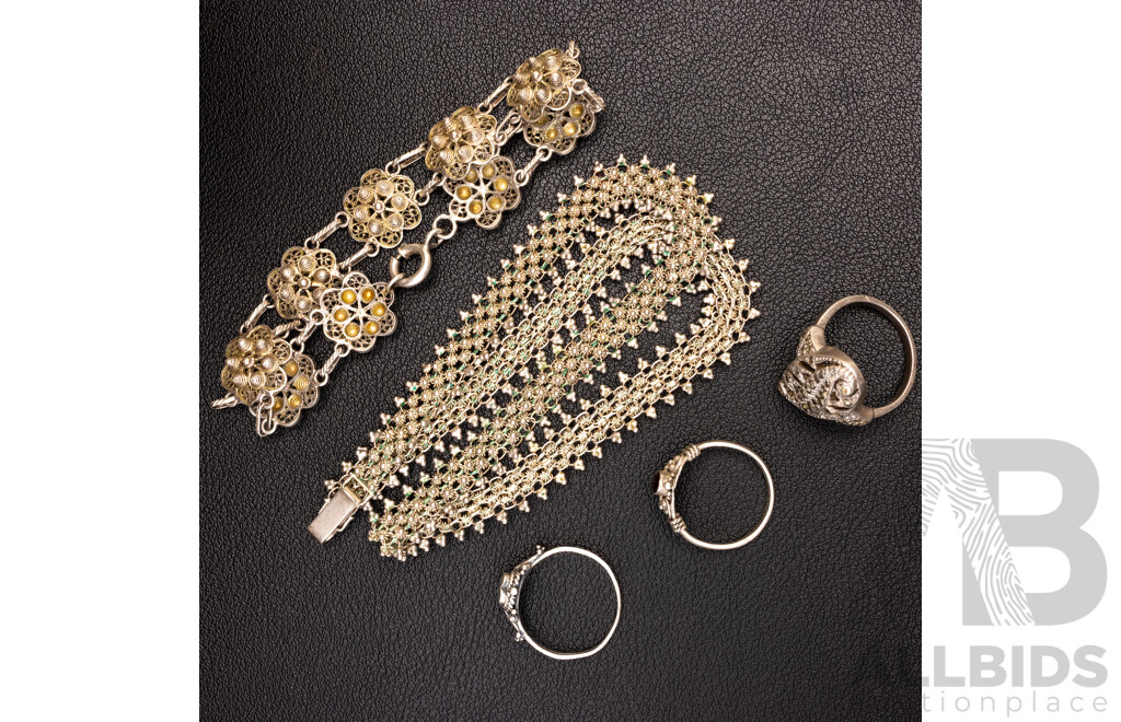 Vintage Sterling Silver Etruscan Style Necklace, Bracelet and (3) Gemstone Rings, 31.80 Grams