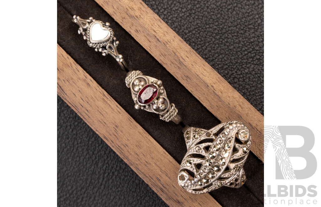 Vintage Sterling Silver Etruscan Style Necklace, Bracelet and (3) Gemstone Rings, 31.80 Grams