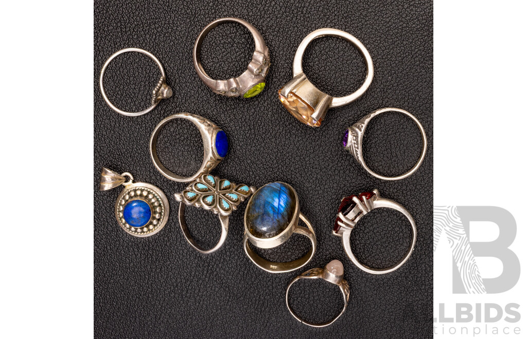 Collection of (9) Vintage Sterling Silver Gemset Rings and Sterling Silver Lapis Lazuli Pendant, 42.76 Grams