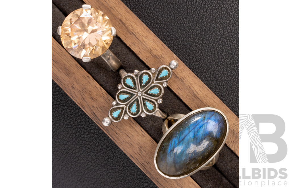 Collection of (9) Vintage Sterling Silver Gemset Rings and Sterling Silver Lapis Lazuli Pendant, 42.76 Grams