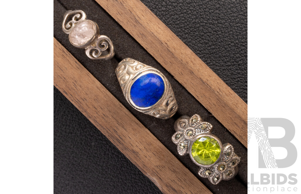 Collection of (9) Vintage Sterling Silver Gemset Rings and Sterling Silver Lapis Lazuli Pendant, 42.76 Grams