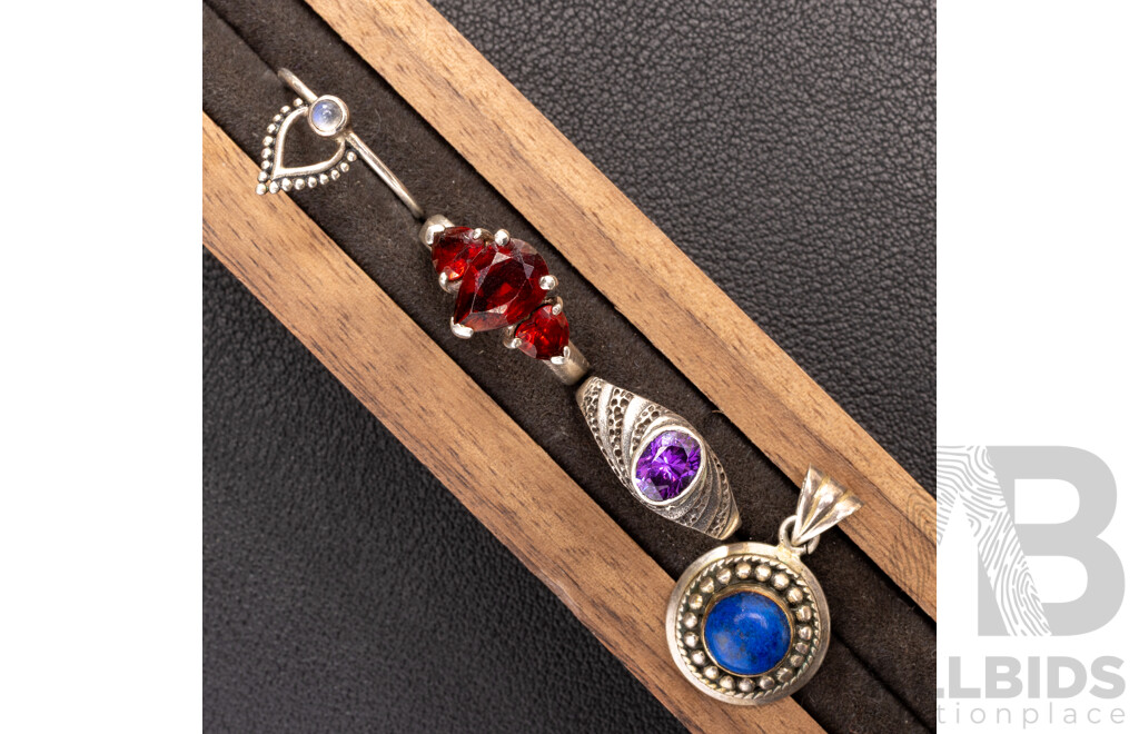 Collection of (9) Vintage Sterling Silver Gemset Rings and Sterling Silver Lapis Lazuli Pendant, 42.76 Grams