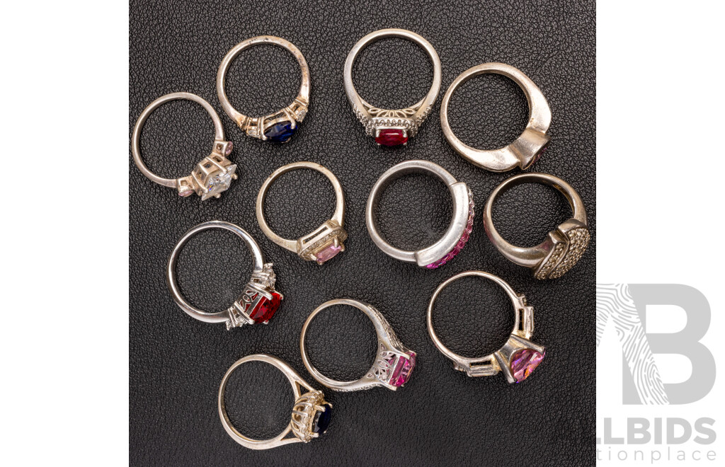 Luxurious Collection of (10) Coloured CZ Gemstone Sterling Silver Rings, 57.48 Grams