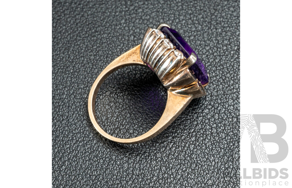 9ct Vintage Amethyst & Diamond Cocktail Ring, TDW 0.30ct, Size L, 8.80 Grams