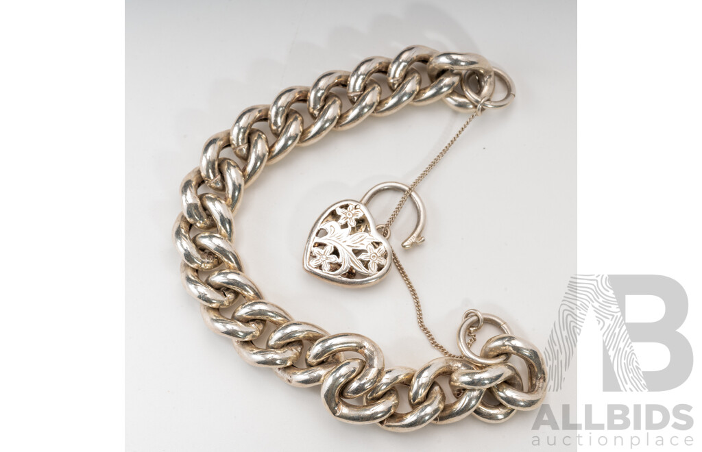 Sterling Silver Chunky Curb Link Bracelet with Filigree Heart Shaped Clasp, 18cm, 52.19 Grams