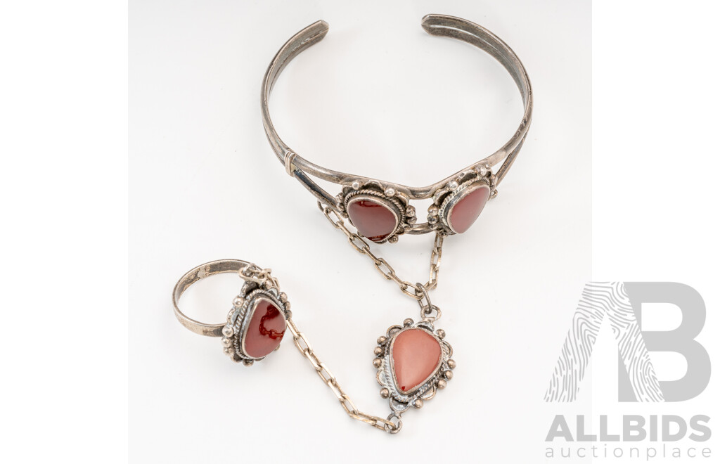 Sterling Silver Vintage Carnellian Slave Ring (size P) & Cuff Bangle (55mm) Set, 31.07 Grams