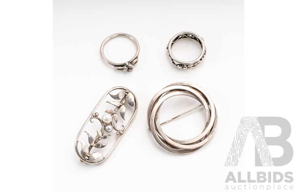 Sterling Silver Handmade Danish Style Brooch & Rings with Vintage Sterling Danish Brooch, 21.86 Grams