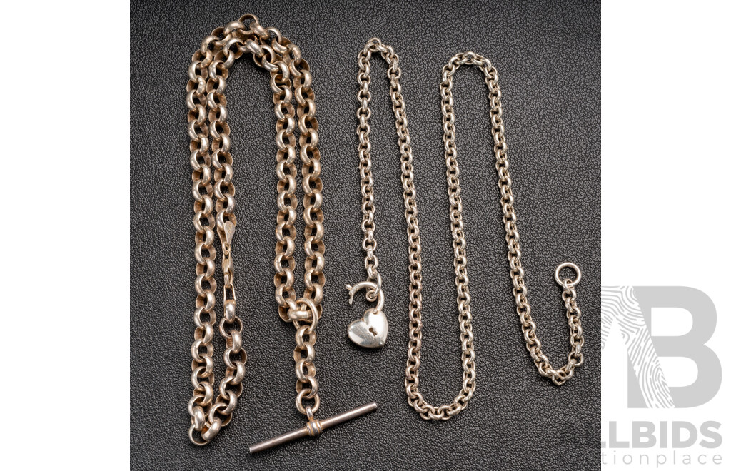Sterling Silver Belcher Link Fob Necklace & Sterling Silver Heart Padlock Necklace, 47.65 Grams