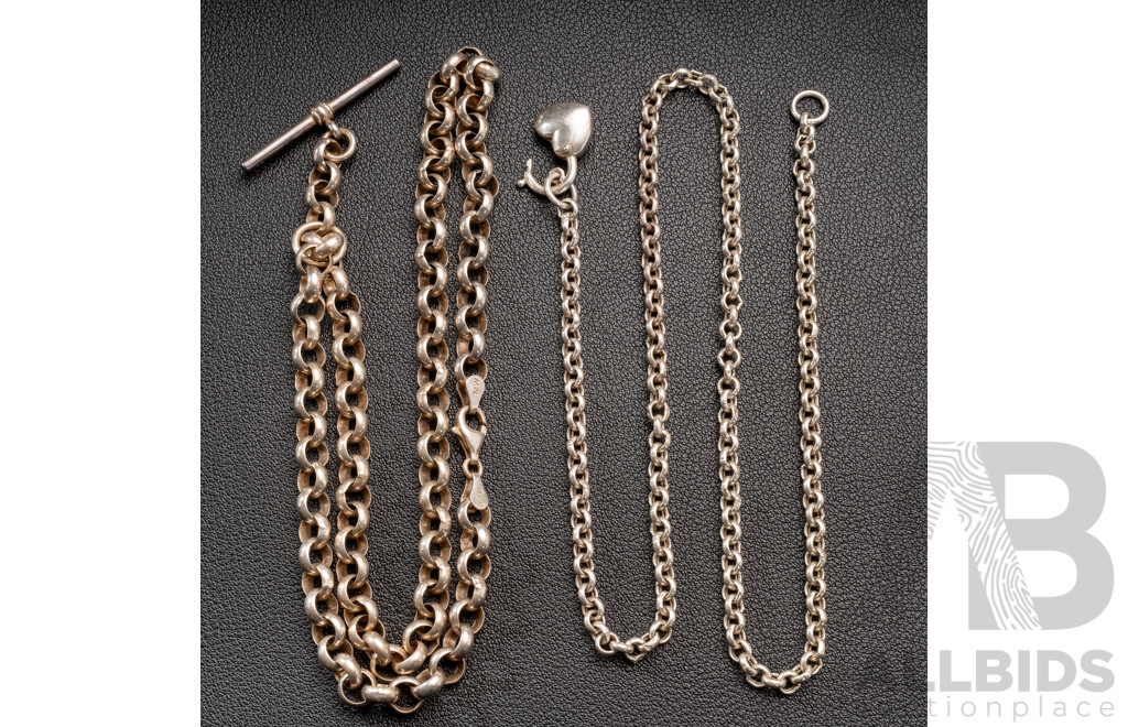 Sterling Silver Belcher Link Fob Necklace & Sterling Silver Heart Padlock Necklace, 47.65 Grams