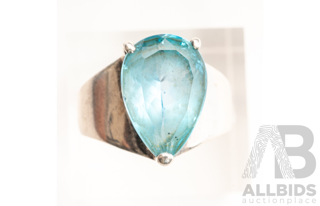 Sterling Silver Swiss Blue Topaz Cocktail Ring, Size N, 7.77 Grams