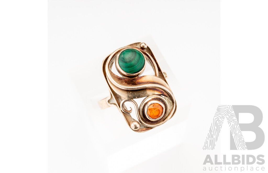 8ct Vintage Boho Style Ring with Malachite & Madeira Citrine, Size Q, 3.85 Grams
