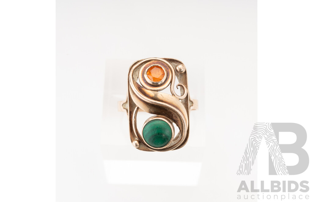 8ct Vintage Boho Style Ring with Malachite & Madeira Citrine, Size Q, 3.85 Grams