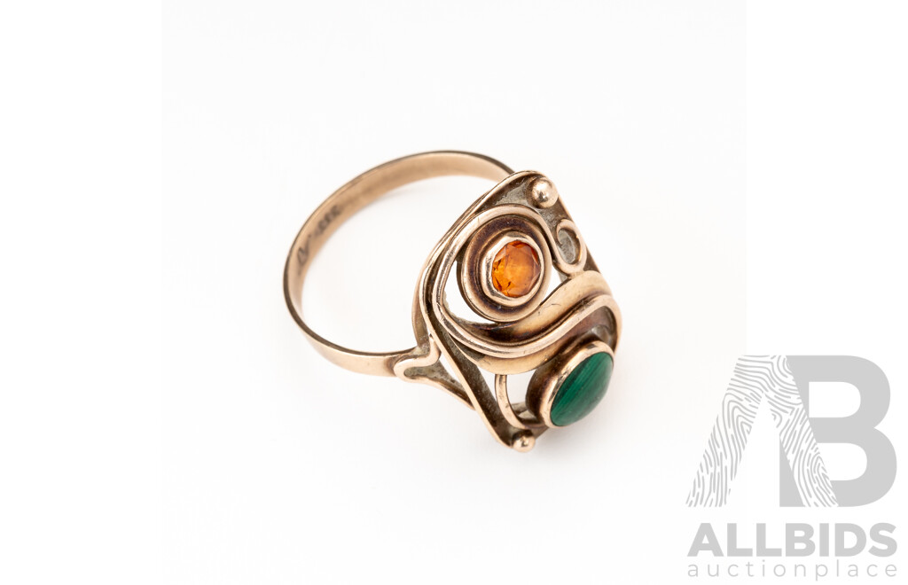 8ct Vintage Boho Style Ring with Malachite & Madeira Citrine, Size Q, 3.85 Grams