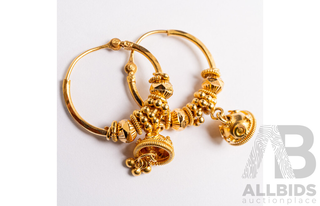 22ct Jhumki Jhumka Hoop Earrings, 20mm, Like New, 6.63 Grams