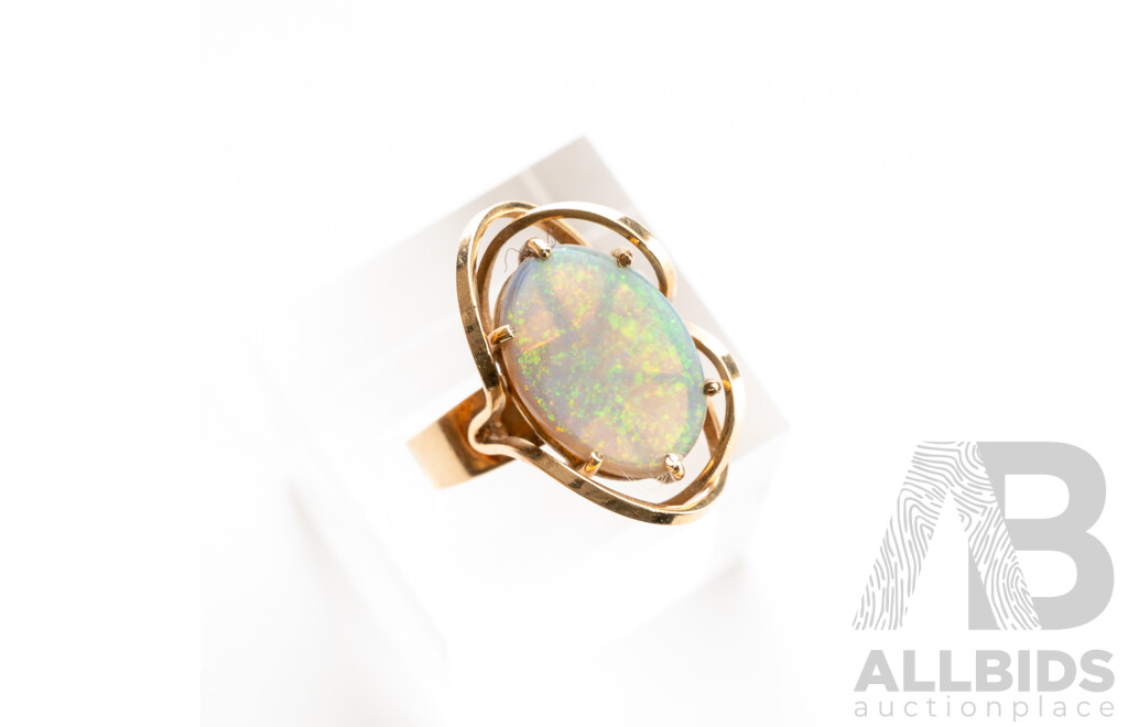 9ct Vintage Solid Australian Fiery Crystal Opal Ring, Size L, 3.88 Grams